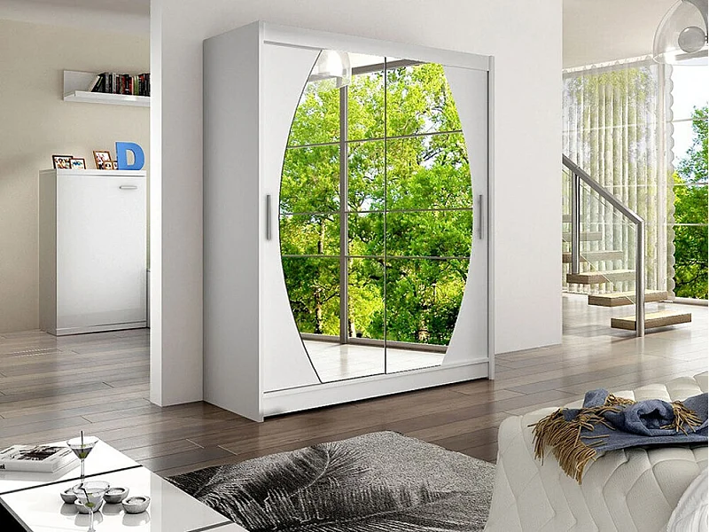 Armoire Closico 121, Blanc, 200x150x58cm, Portes d'armoire: Coulissantes