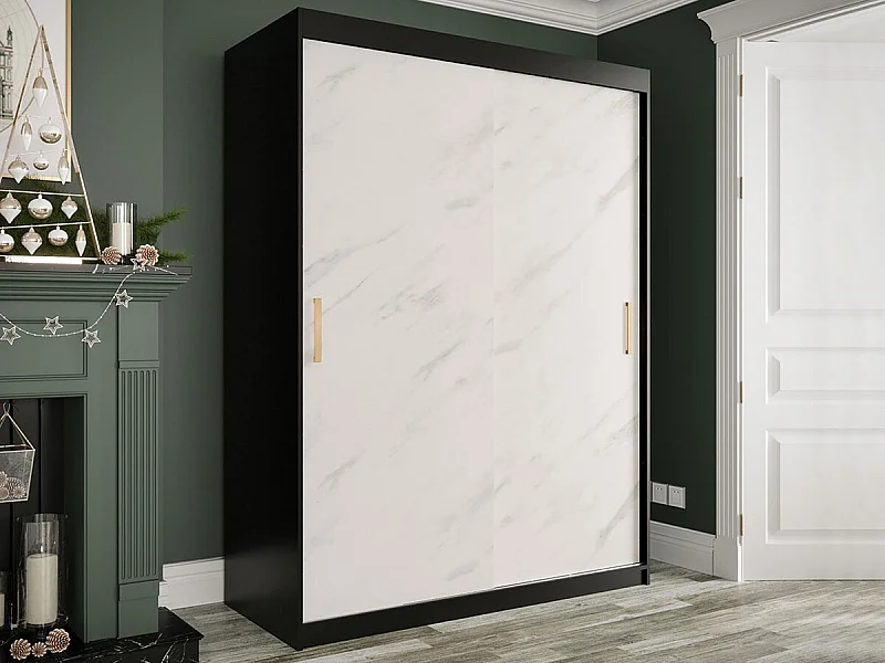 Armoire Hartford 248, Marbre blanc|Noir mat, 200x150x62cm, Portes d'armoire: Coulissantes