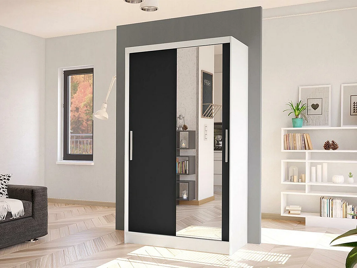 Armoire Closico 164, Noir|Blanc, 200x100x58cm, Portes d'armoire: Coulissantes