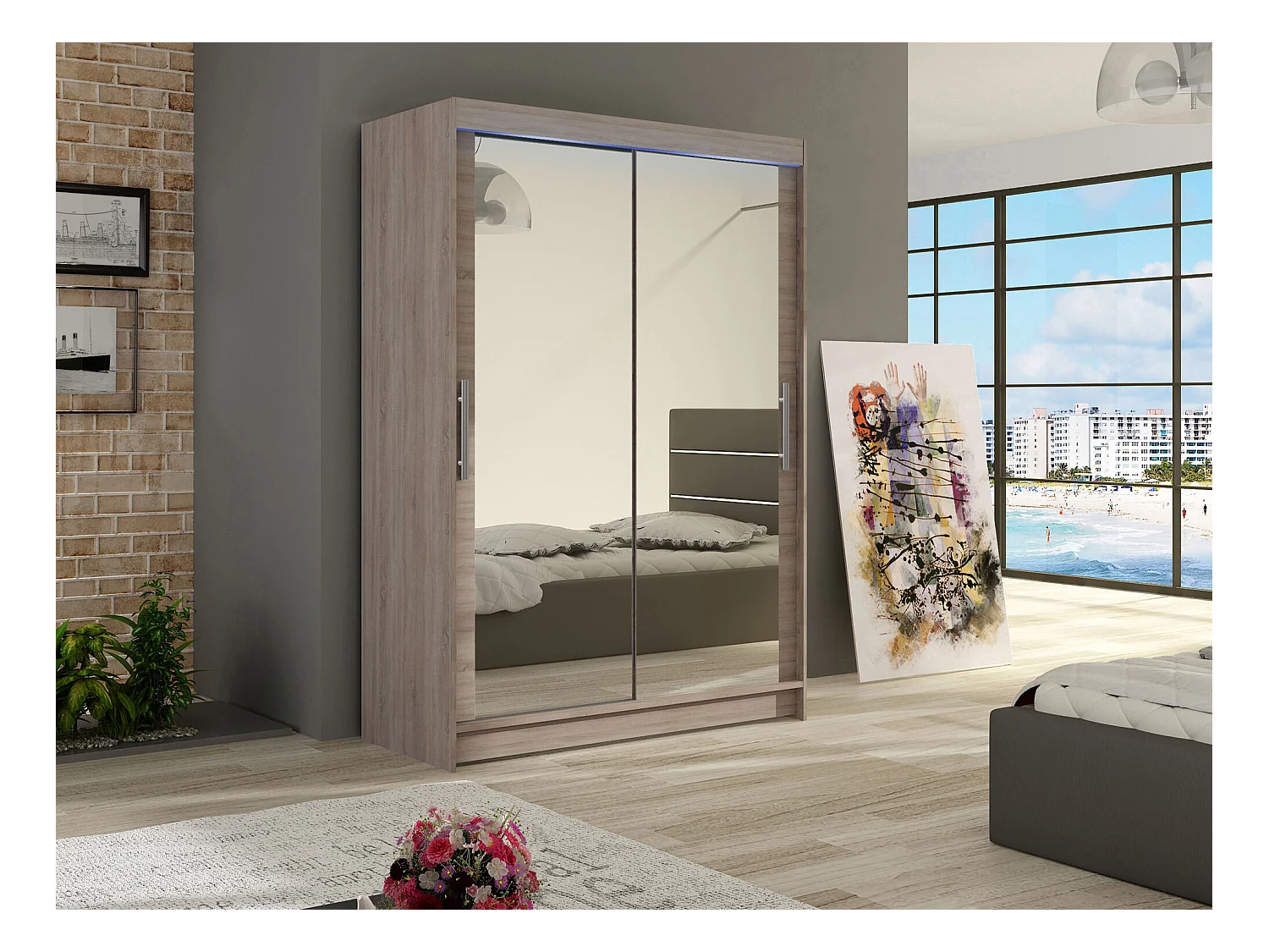 Armario Closico 129, Trufa roble, 200x120x58cm, Puertas de armario: Correderas