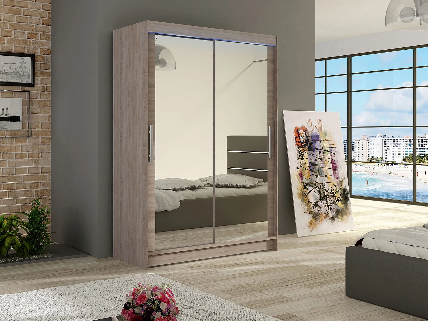 Armario Closico 129, Trufa roble, 200x120x58cm, Puertas de armario: Correderas