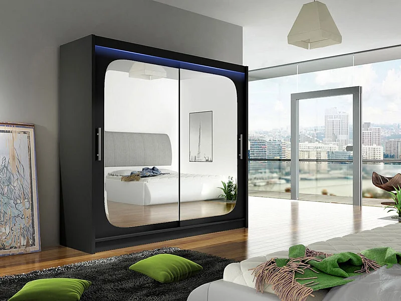 Armario Closico 108, Negro, 215x180x58cm, Puertas de armario: Correderas