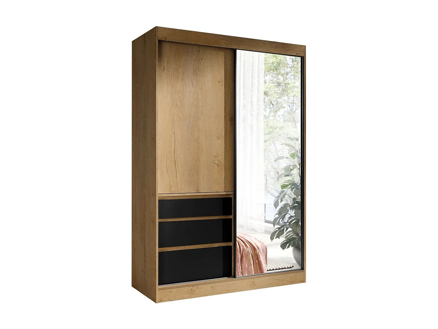 Armario Toledo 115, Roble de lefkada|Negro mate, 216x140x65cm, Número de estantes: 1