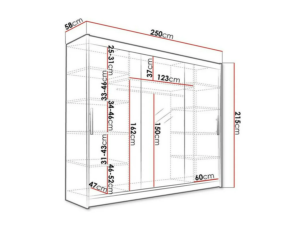 Armoire Closico 122, Blanc, 215x250x58cm, Portes d'armoire: Coulissantes