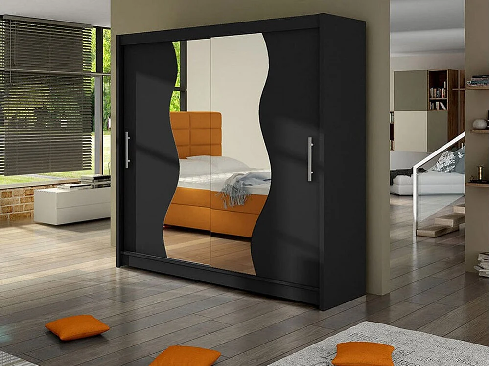 Armoire Closico 126, Noir, 215x180x58cm, Portes d'armoire: Coulissantes