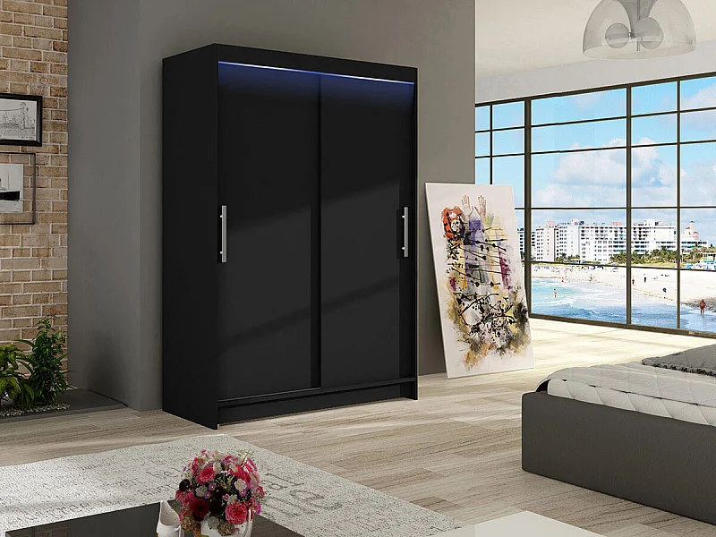 Armoire Closico 117, Noir, 200x120x58cm, Portes d'armoire: Coulissantes