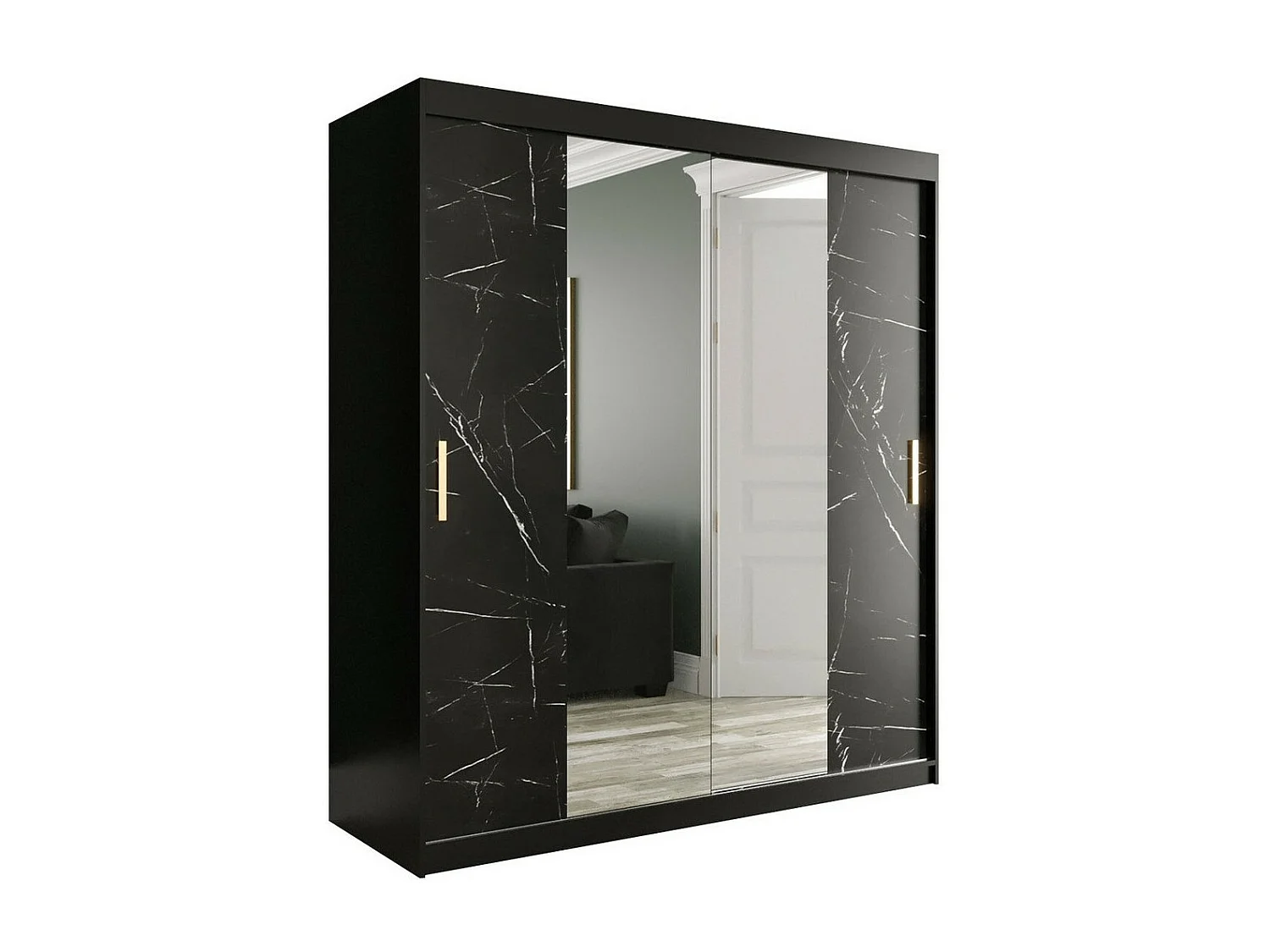 Armoire Hartford 255, Marbre noir|Noir mat, 200x180x62cm, Portes d'armoire: Coulissantes