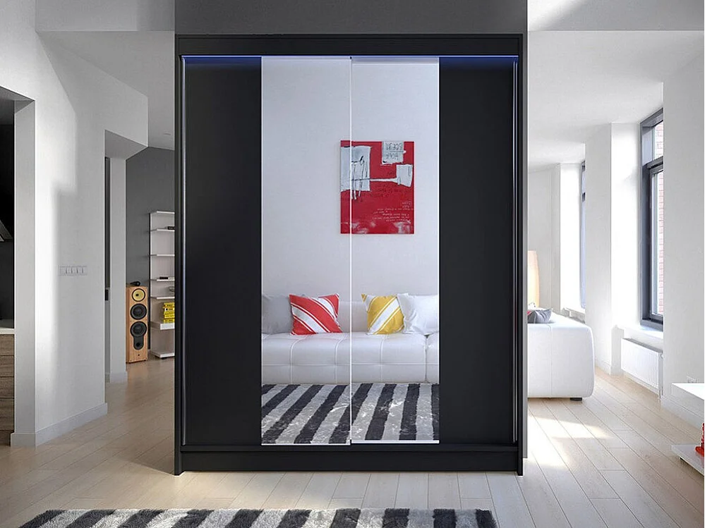 Armoire Closico 141, Noir, 200x150x58cm, Portes d'armoire: Coulissantes