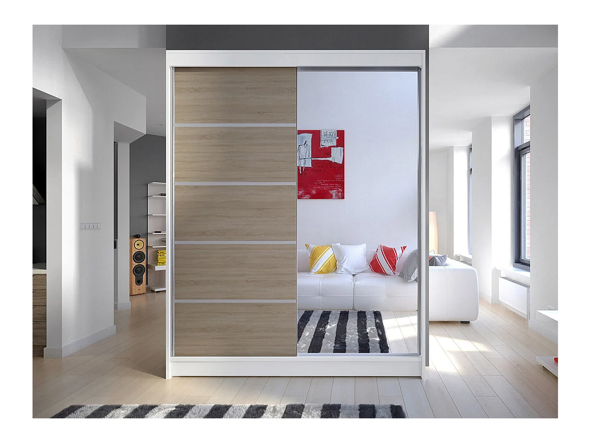 Armario Closico 143, Blanco|Roble Sonoma, 200x150x58cm, Puertas de armario: Correderas