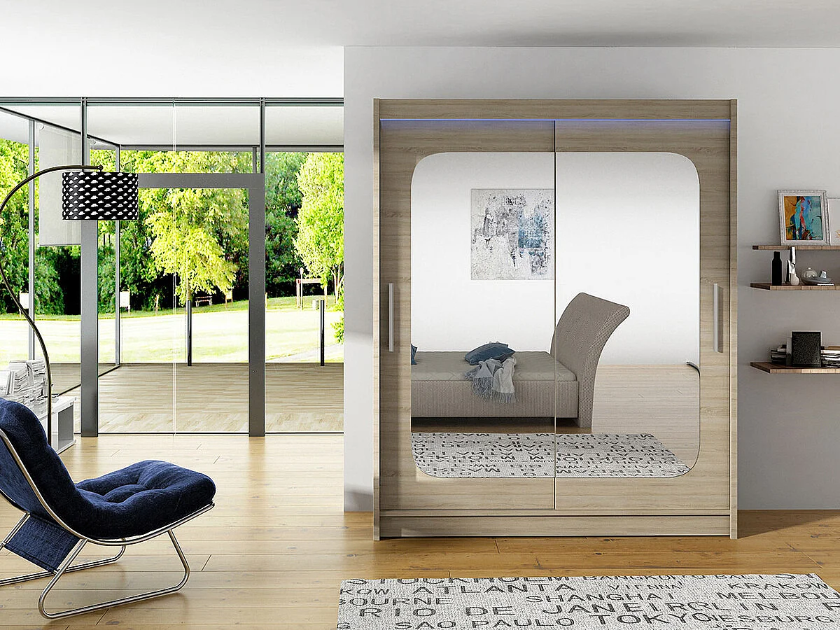 Armario Closico 135, Roble Sonoma, 200x150x58cm, Puertas de armario: Correderas