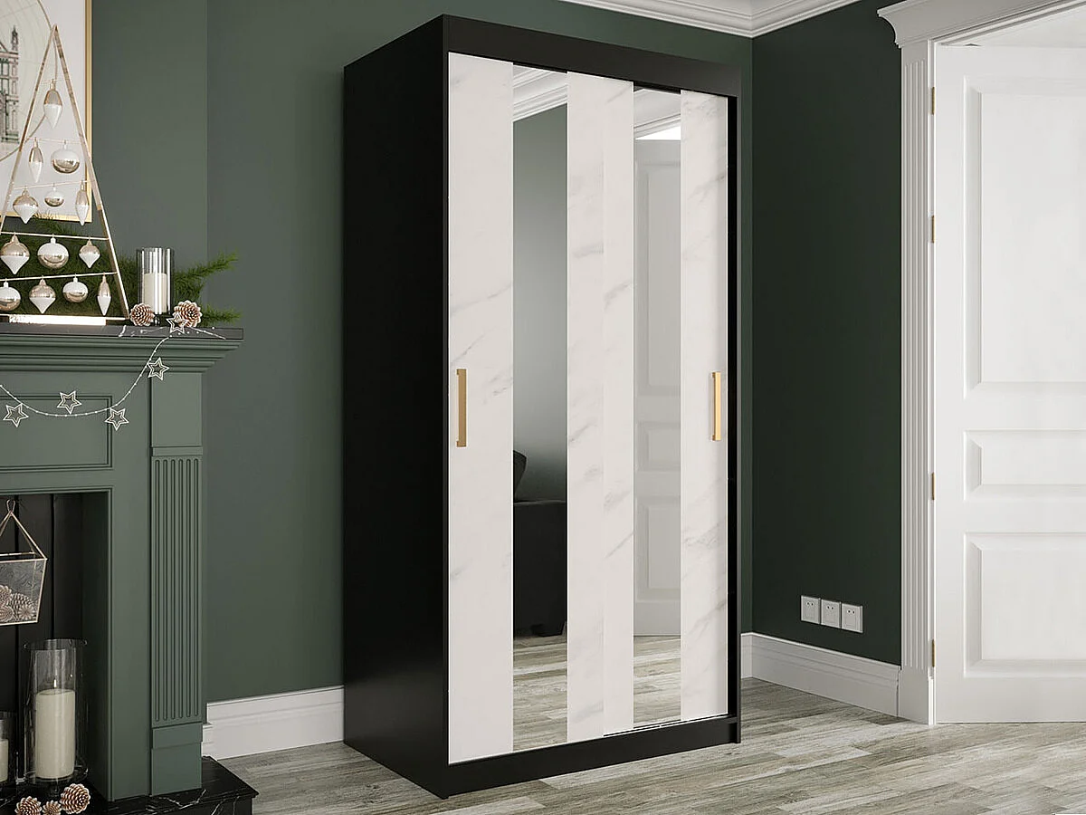 Armoire Hartford 240, Marbre blanc|Noir mat, 200x100x62cm, Portes d'armoire: Coulissantes