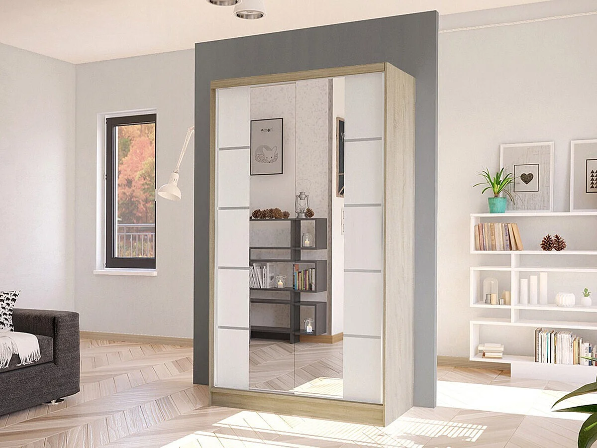 Armoire Closico 168, Blanc|Sonoma chêne, 200x100x58cm, Portes d'armoire: Coulissantes