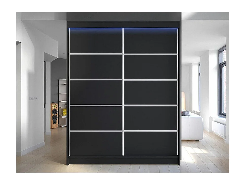 Armoire Closico 145, Noir, 200x150x58cm, Portes d'armoire: Coulissantes