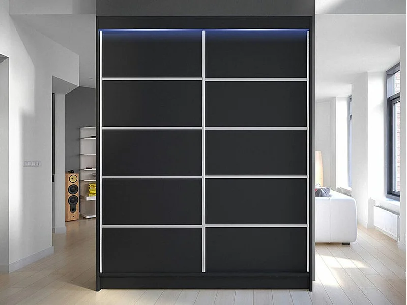 Armoire Closico 145, Noir, 200x150x58cm, Portes d'armoire: Coulissantes