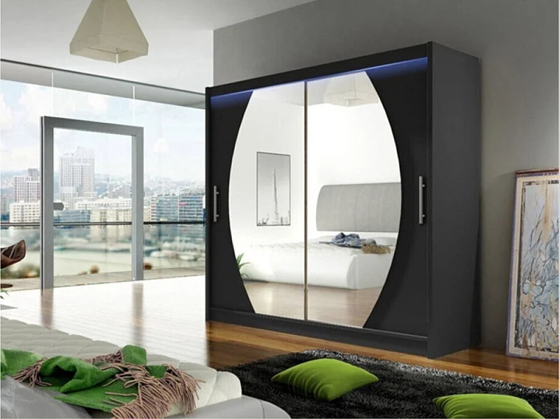 Armoire Closico 102, Noir, 215x180x58cm, Portes d'armoire: Coulissantes