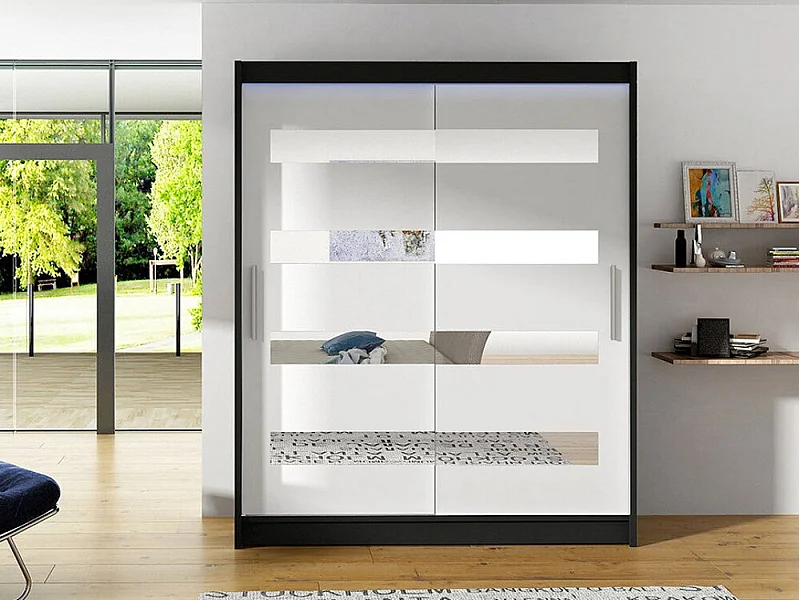 Armoire Closico 136, Noir|Blanc, 200x150x58cm, Portes d'armoire: Coulissantes