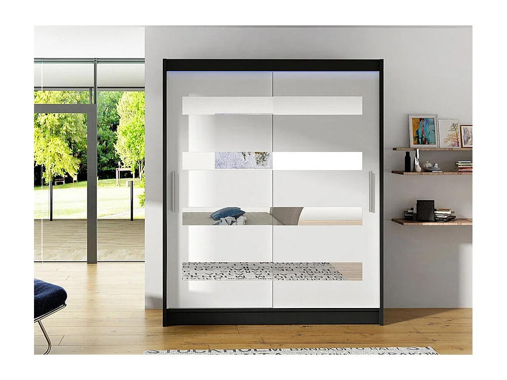Armoire Closico 136, Noir|Blanc, 200x150x58cm, Portes d'armoire: Coulissantes