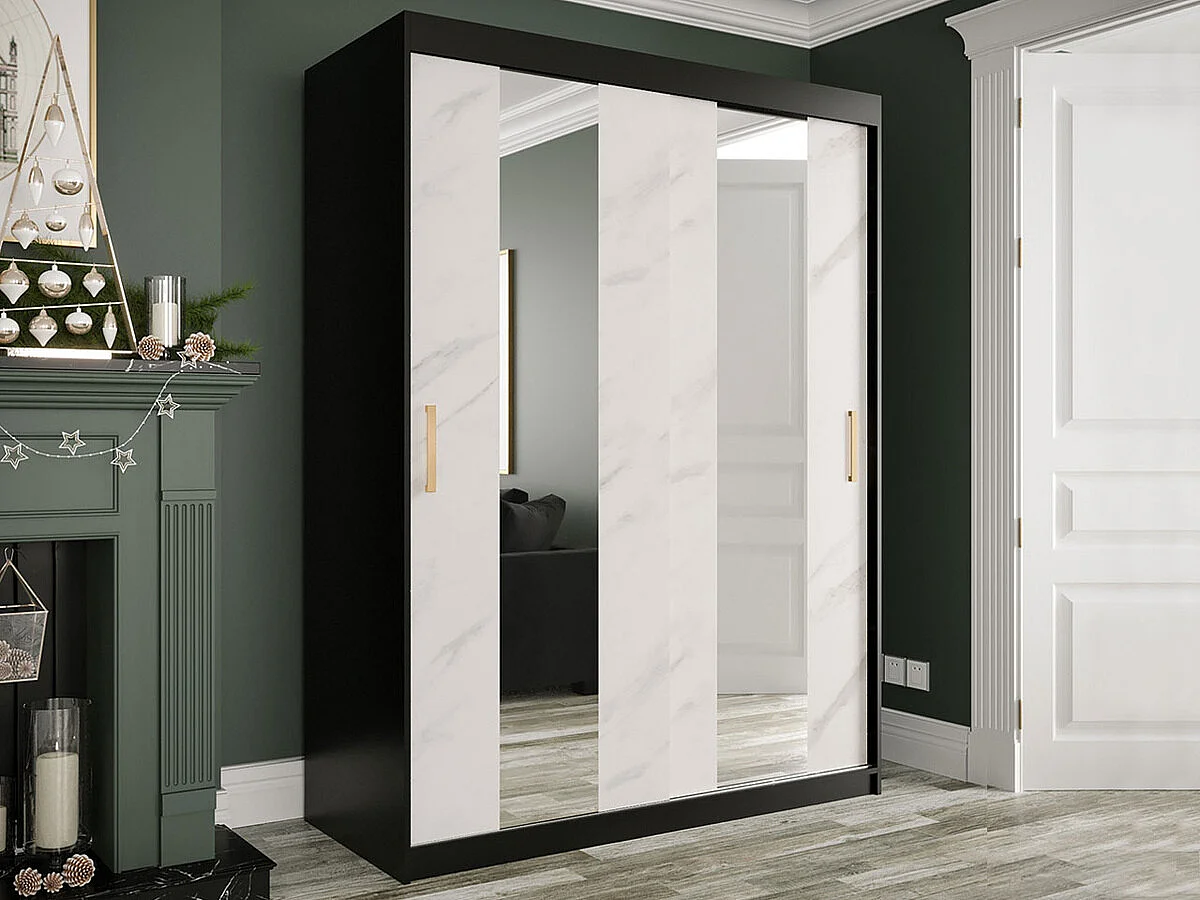 Armoire Hartford 242, Noir mat|Marbre blanc, 200x150x62cm, Portes d'armoire: Coulissantes