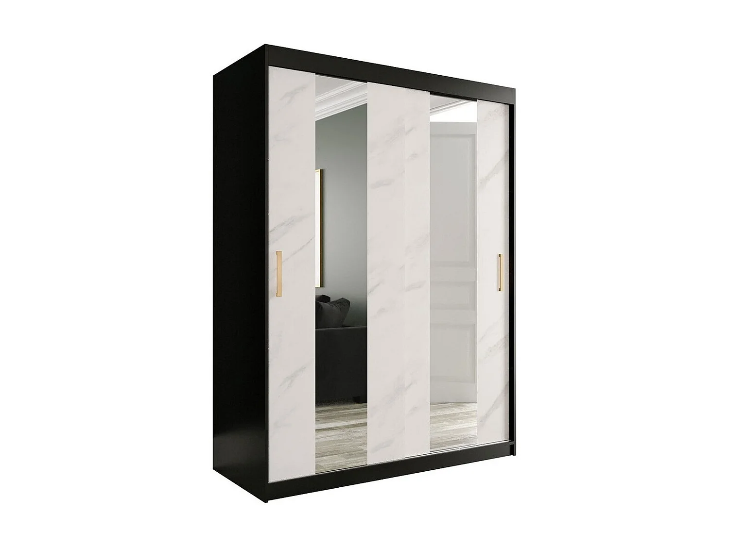 Armoire Hartford 242, Noir mat|Marbre blanc, 200x150x62cm, Portes d'armoire: Coulissantes