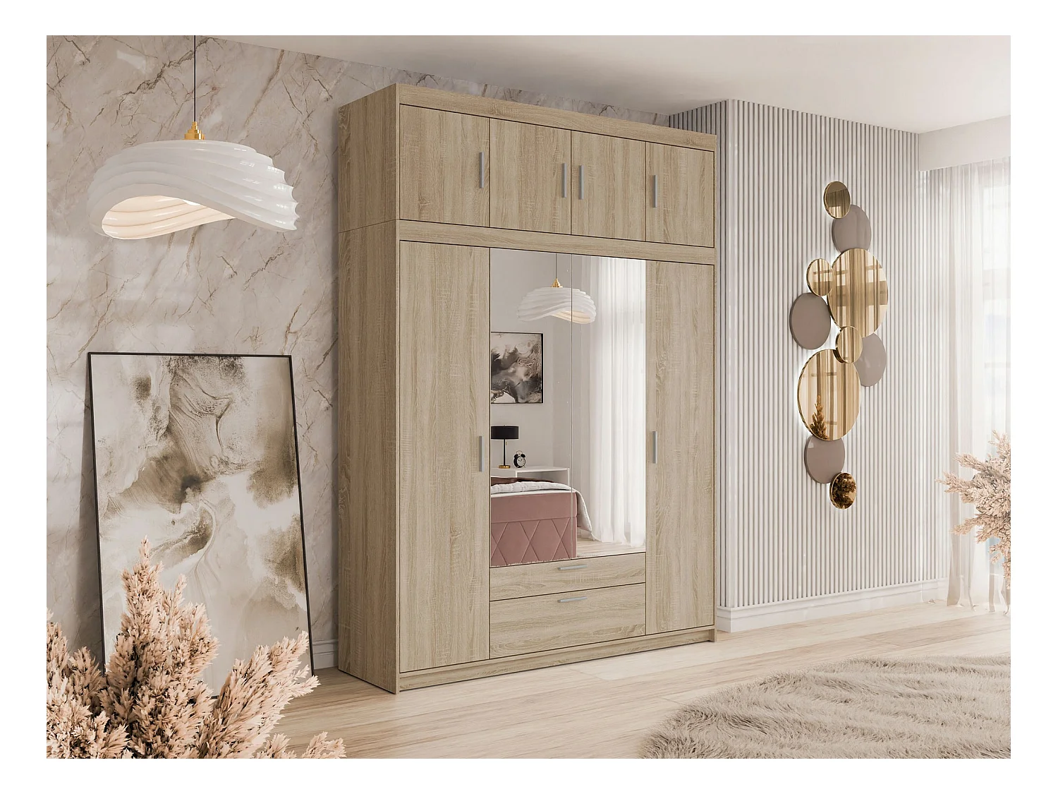 Armoire Novduni 109, Sonoma chêne, 246x176x53cm, Portes d'armoire: Avec des charnières