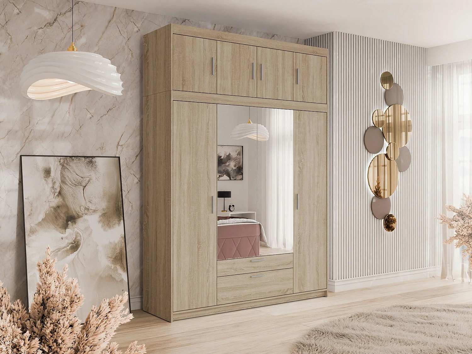 Armoire Novduni 109, Sonoma chêne, 246x176x53cm, Portes d'armoire: Avec des charnières