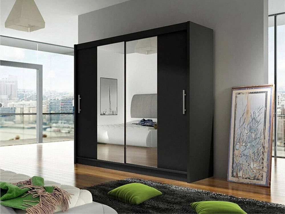 Armoire Closico 123, Noir, 215x180x58cm, Portes d'armoire: Coulissantes