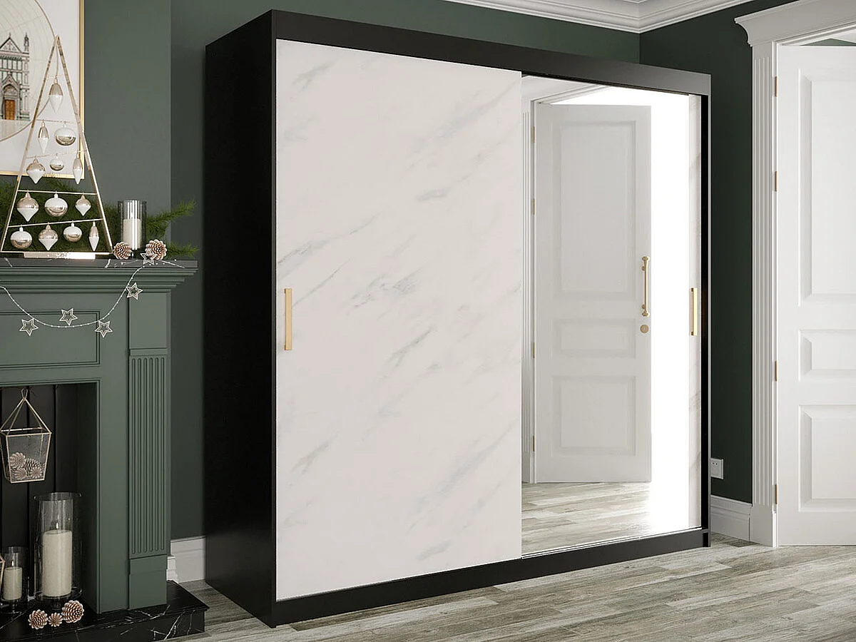 Armadio Hartford 262, Nero opaco|Marmo bianco, 200x200x62cm, Porte armadi: Scorrevoli