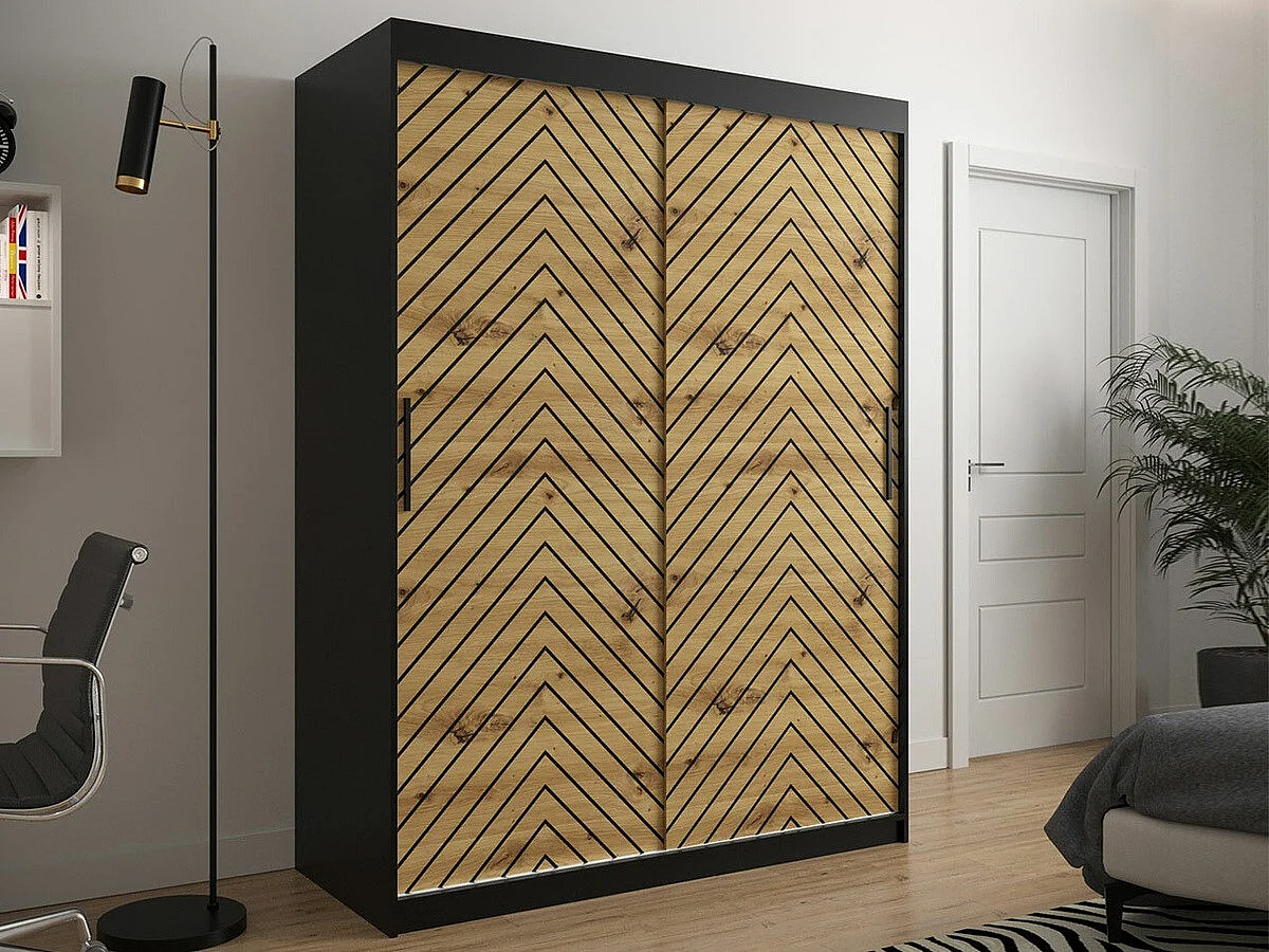 Armoire Hartford 310, Chêne Artisan|Noir, 200x150x62cm, Portes d'armoire: Coulissantes