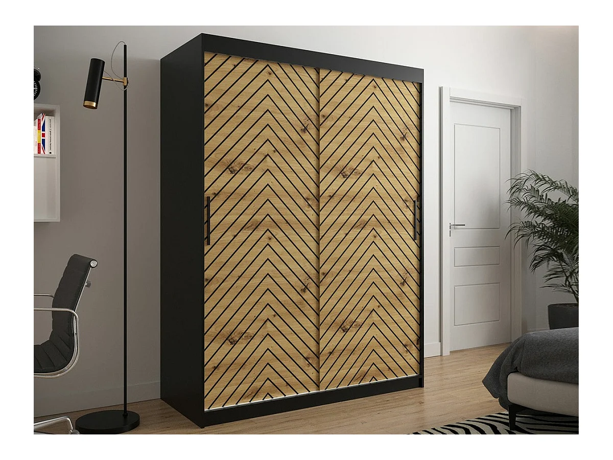 Armoire Hartford 310, Chêne Artisan|Noir, 200x150x62cm, Portes d'armoire: Coulissantes