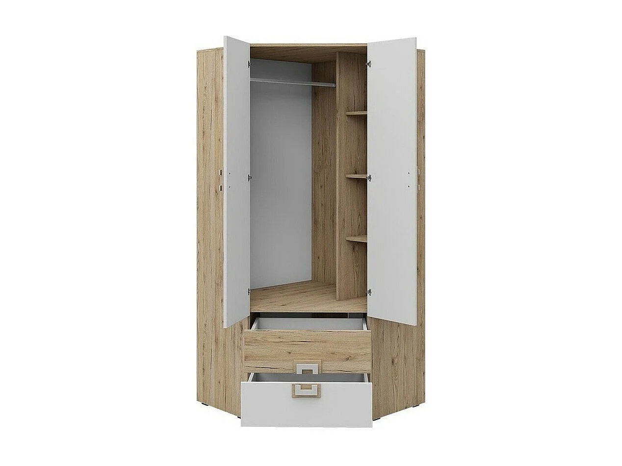 Armoire d'angle Tolfere 102, Blanc|Turquoise|Chêne clair, 190x87x87cm