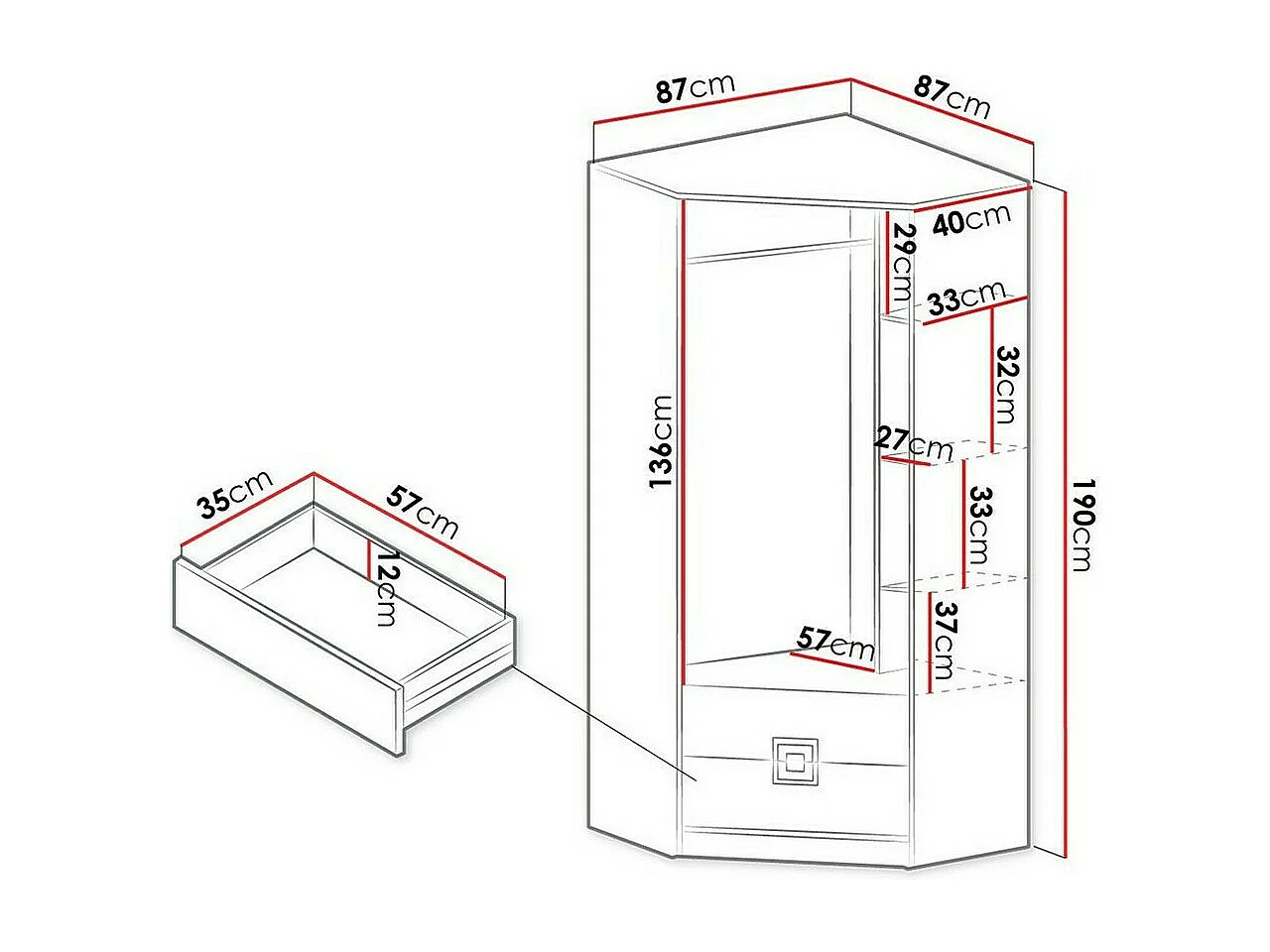 Armoire d'angle Tolfere 102, Blanc|Turquoise|Chêne clair, 190x87x87cm