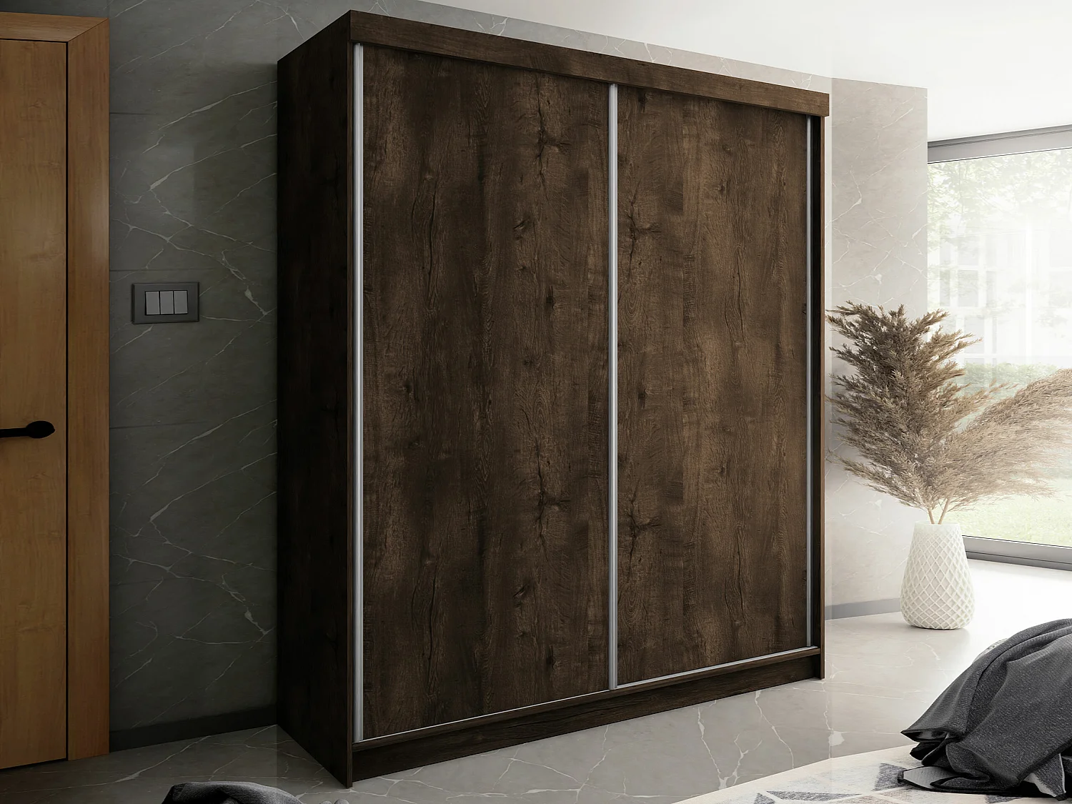 Armario Dover 108, Fresno oscuro, 200x200x62cm, Puertas de armario: Correderas