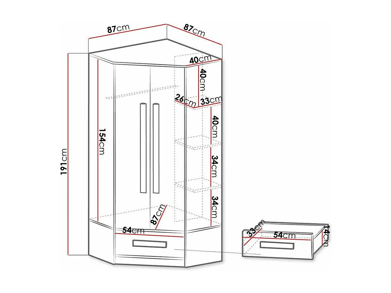 Armoire d'angle Merevari 103, Gris|Blanc|Blanc brillant, 191x87x87cm