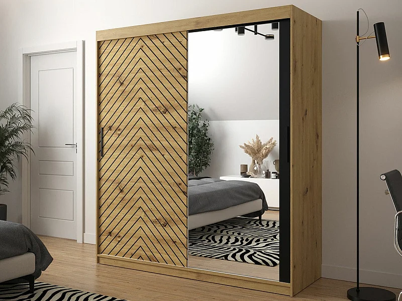 Armoire Hartford 313, Chêne Artisan|Noir, 200x180x62cm, Portes d'armoire: Coulissantes