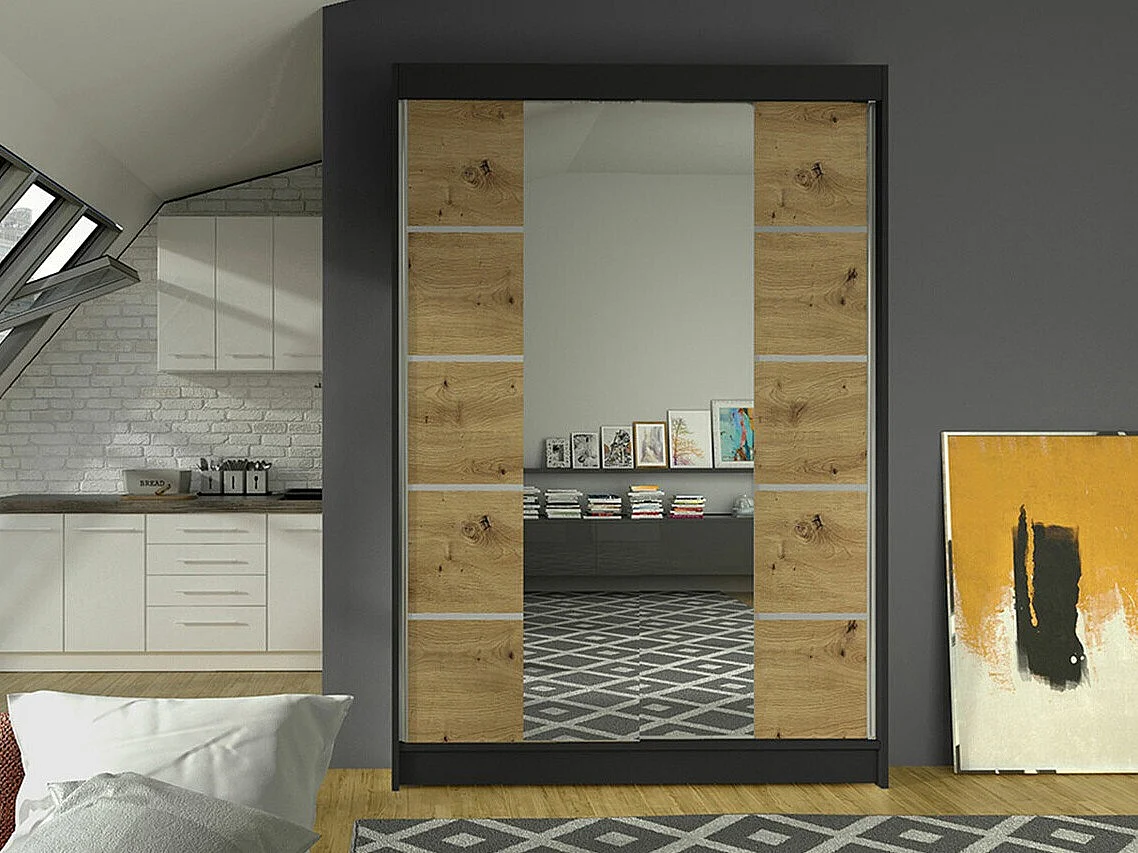 Armoire Closico 151, Chêne Artisan|Noir, 200x120x58cm, Portes d'armoire: Coulissantes