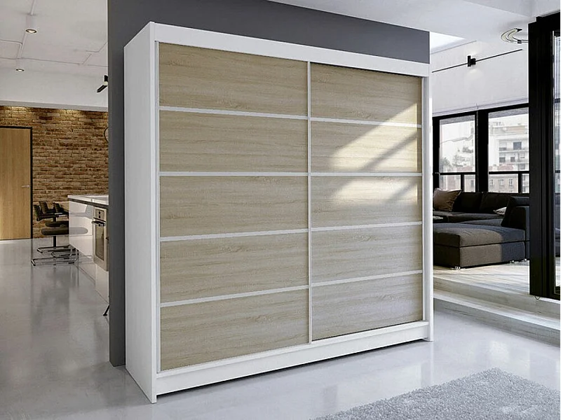 Armario Closico 153, Roble Sonoma|Blanco, 215x180x58cm, Puertas de armario: Correderas