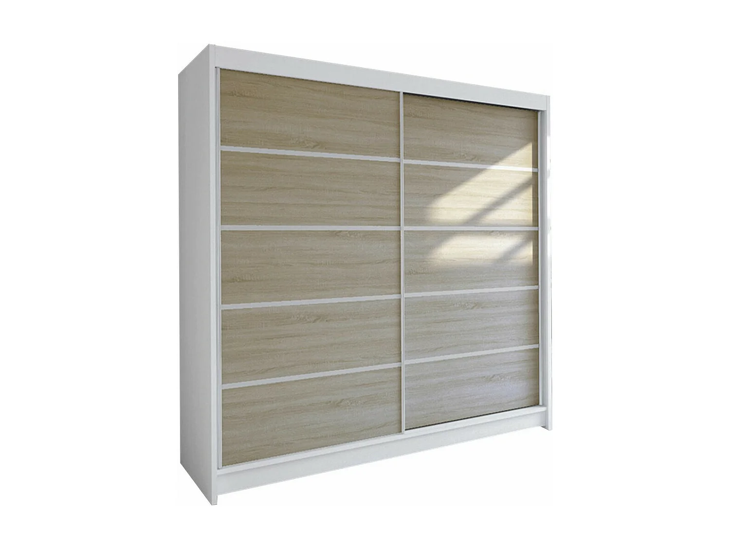 Armoire Closico 153, Blanc|Sonoma chêne, 215x180x58cm, Portes d'armoire: Coulissantes