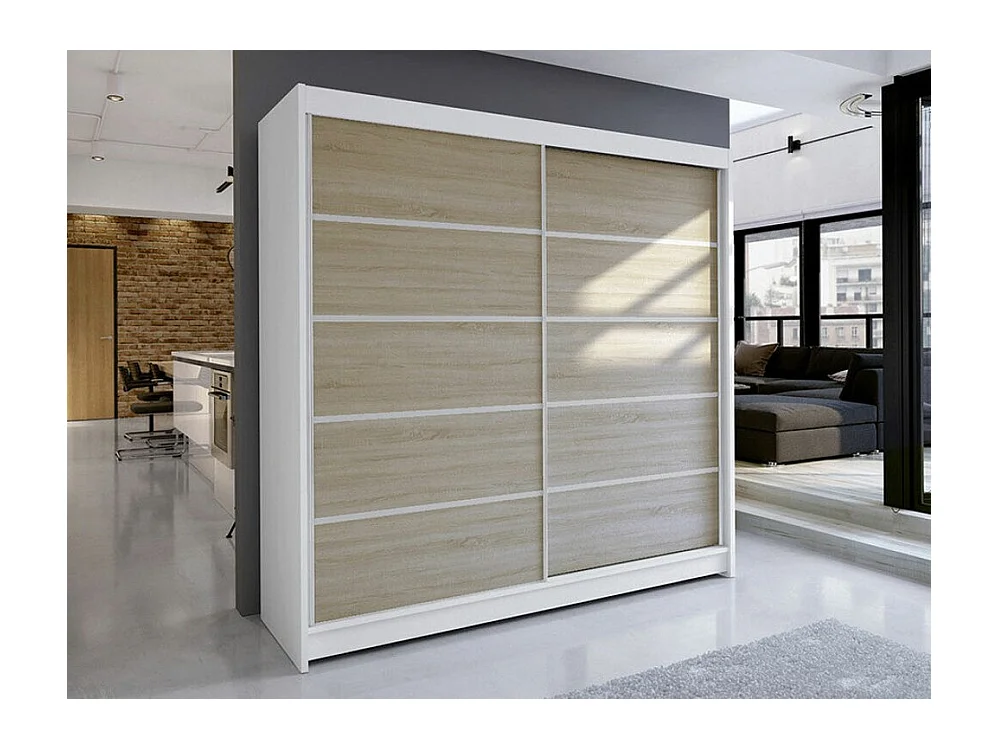 Armoire Closico 153, Sonoma chêne|Blanc, 215x180x58cm, Portes d'armoire: Coulissantes