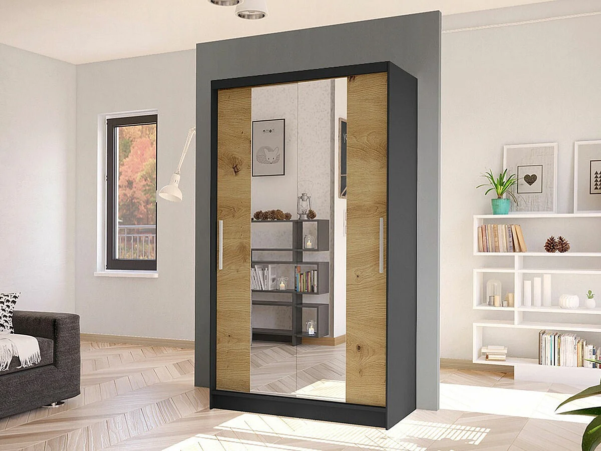 Armoire Closico 163, Chêne Artisan|Noir, 200x100x58cm, Portes d'armoire: Coulissantes