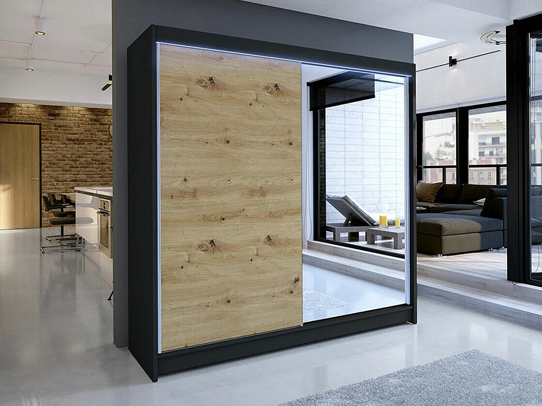 Armoire Closico 137, Noir|Chêne Artisan, 215x180x58cm, Portes d'armoire: Coulissantes