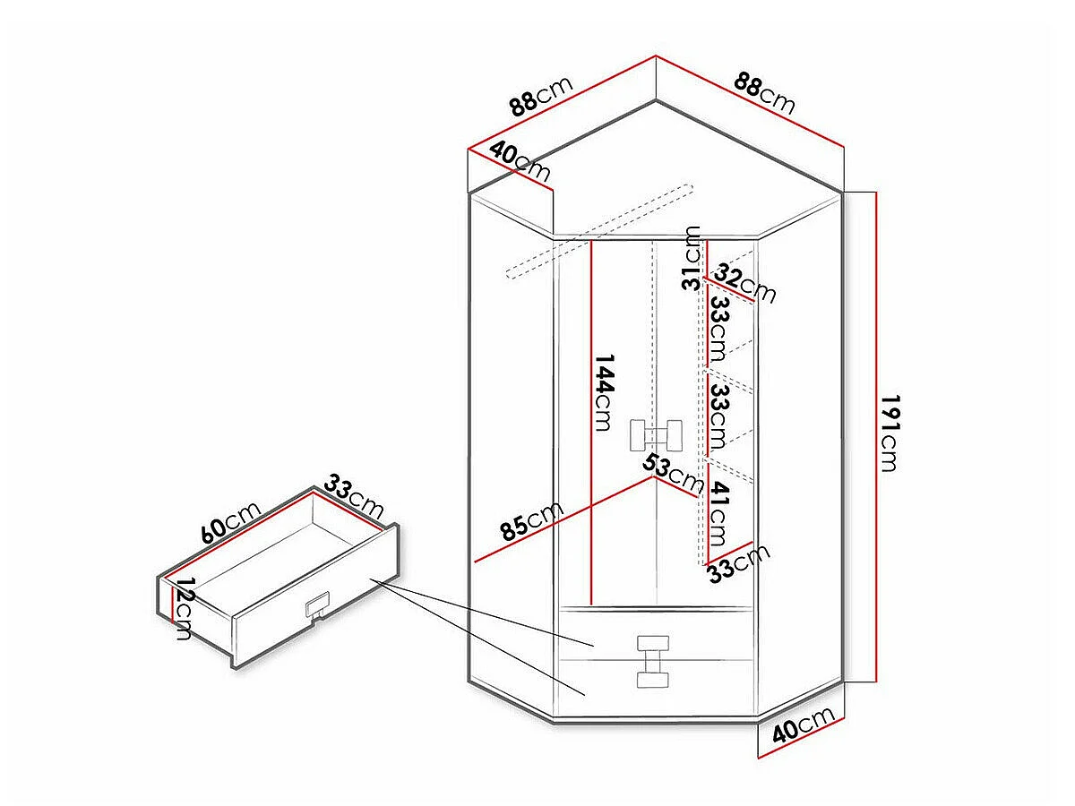 Armoire d'angle Florevi 114, Nombre d'étagères: 3, 19x9x9cm