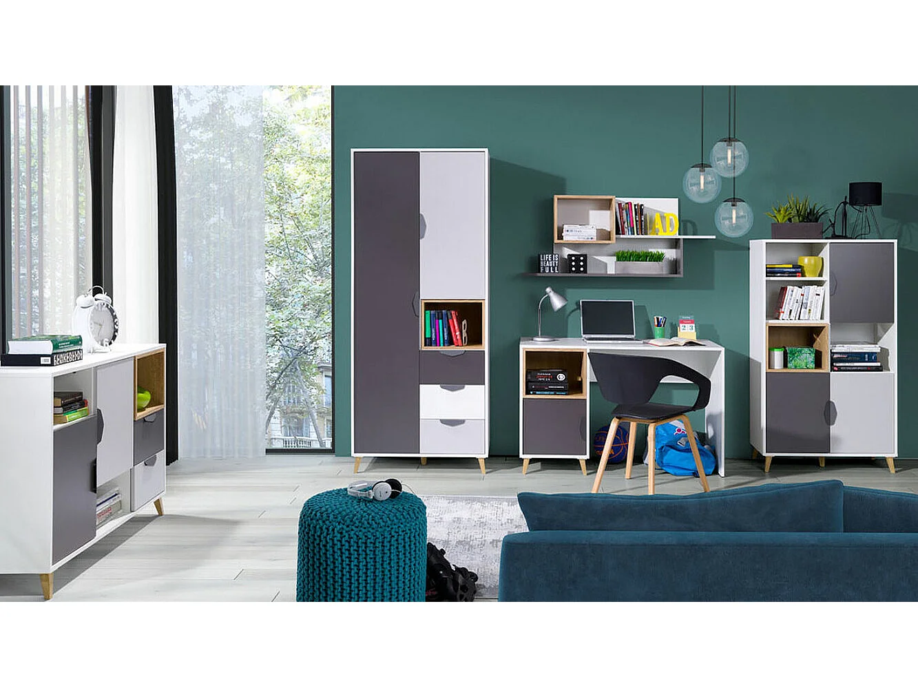 Armoire Domvera 101, Chêne de Lefkas|Blanc|Graphite|Gris, 190x80x55cm