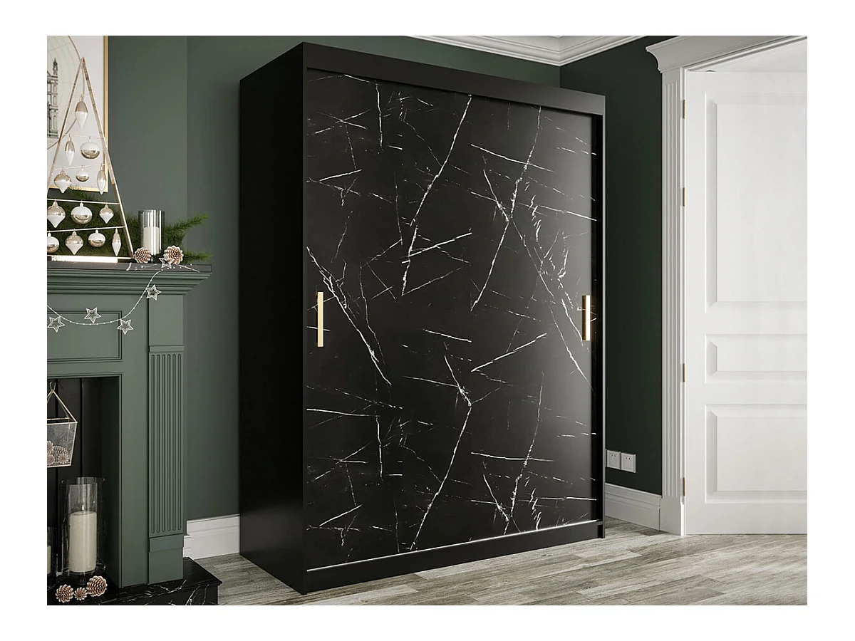 Armoire Hartford 248, Marbre noir|Noir mat, 200x150x62cm, Portes d'armoire: Coulissantes