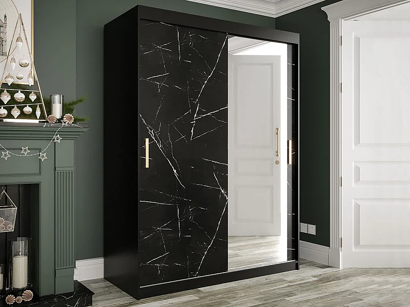 Armoire Hartford 260, Noir mat|Marbre noir, 200x150x62cm, Portes d'armoire: Coulissantes