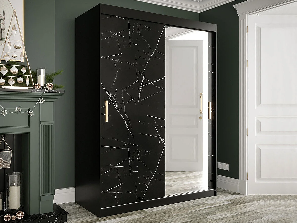 Armoire Hartford 260, Noir mat|Marbre noir, 200x150x62cm, Portes d'armoire: Coulissantes