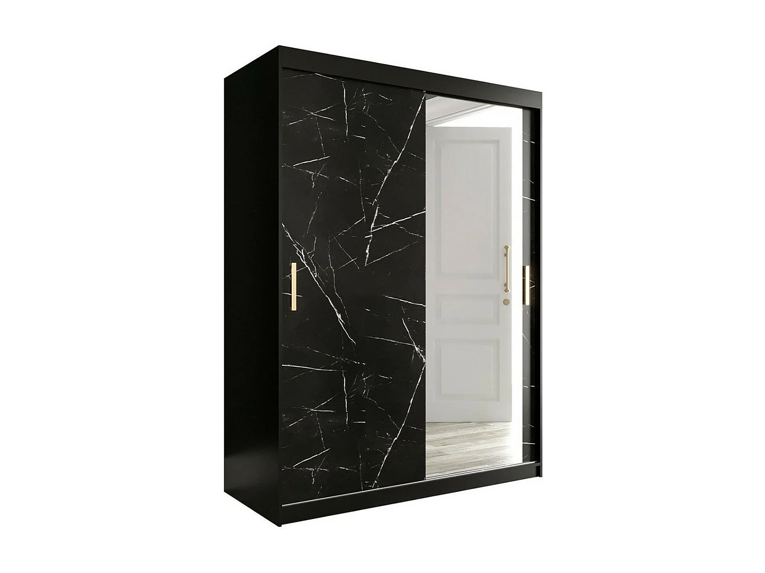 Armoire Hartford 260, Noir mat|Marbre noir, 200x150x62cm, Portes d'armoire: Coulissantes