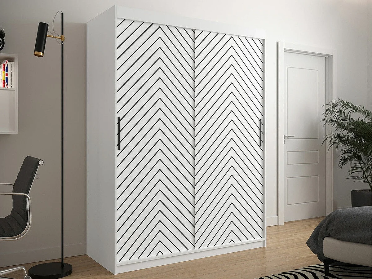 Armoire Hartford 310, Noir|Blanc, 200x150x62cm, Portes d'armoire: Coulissantes