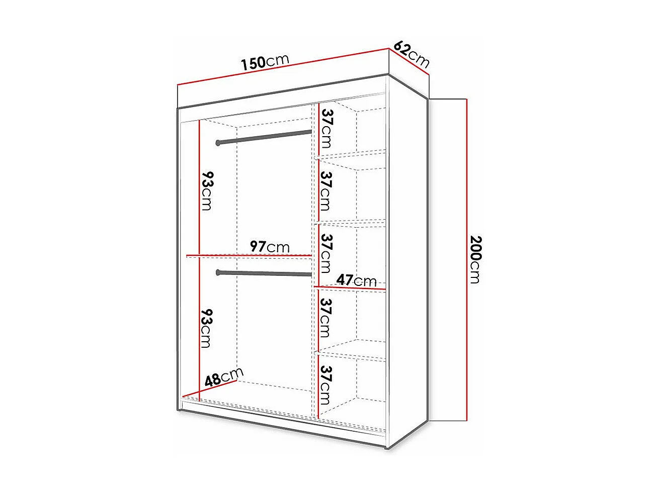 Armoire Hartford 310, Noir|Blanc, 200x150x62cm, Portes d'armoire: Coulissantes