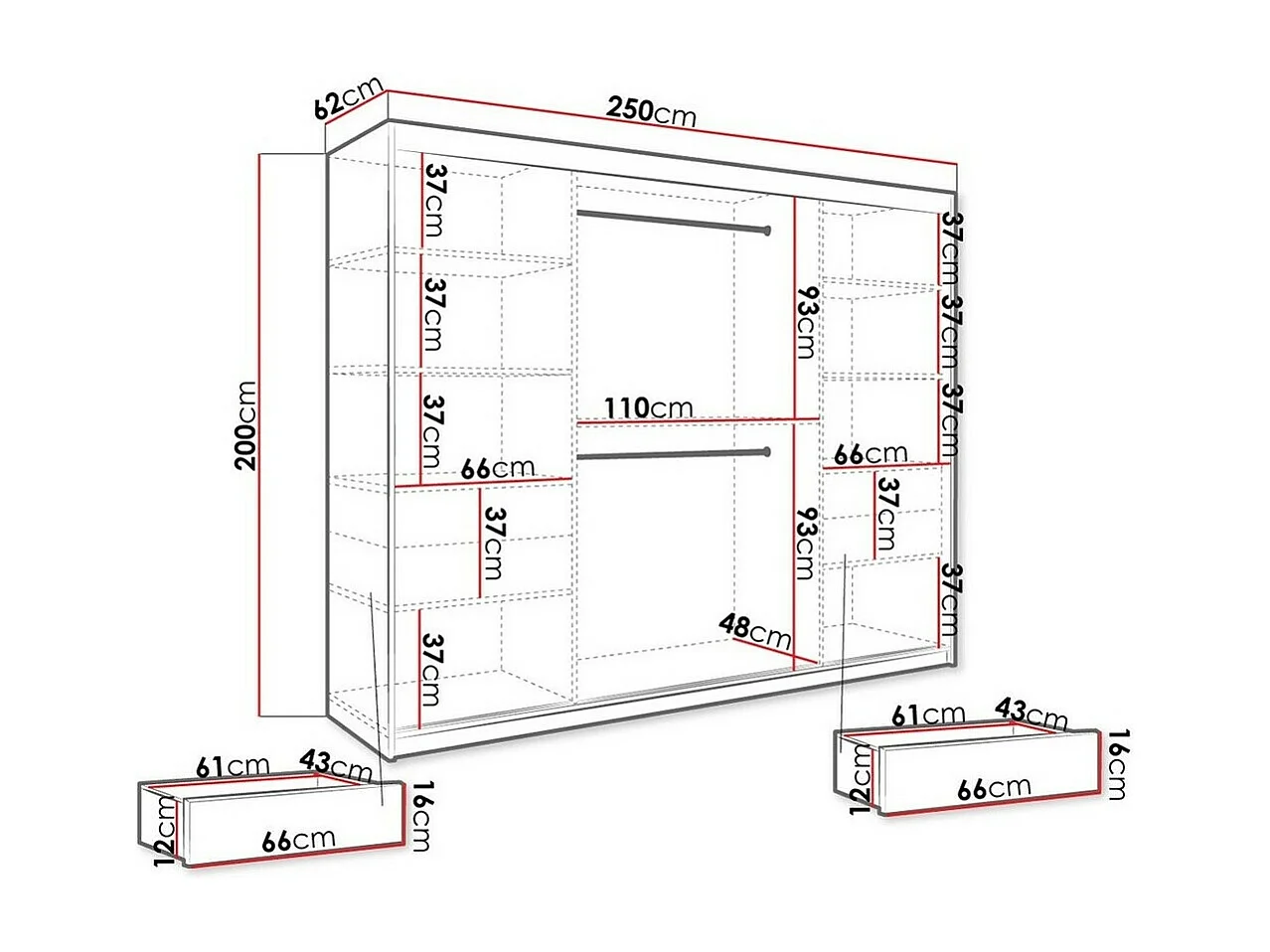 Armoire Hartford 257, Mat blanc|Marbre noir, 200x250x62cm, Portes d'armoire: Coulissantes