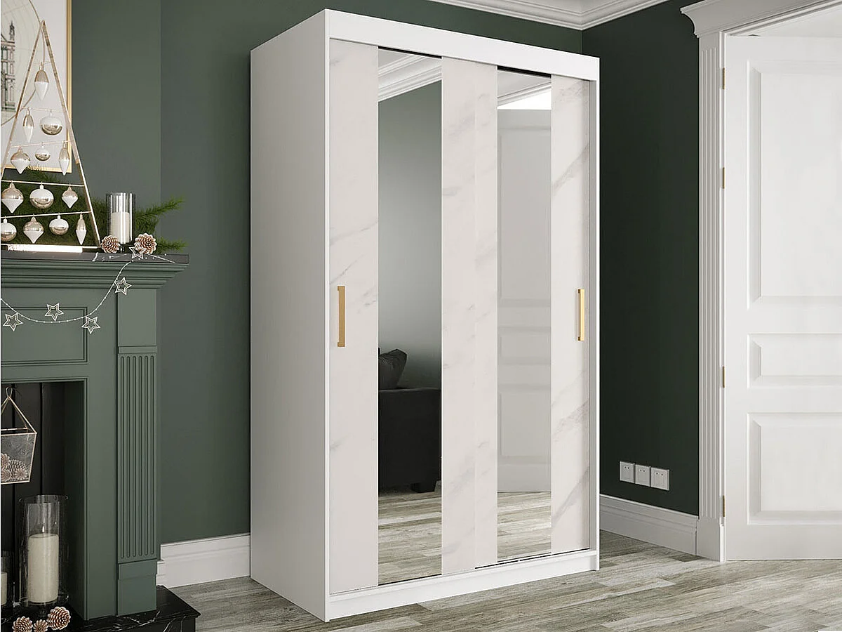 Armoire Hartford 241, Mat blanc|Marbre blanc, 200x120x62cm, Nombre d'étagères: 4
